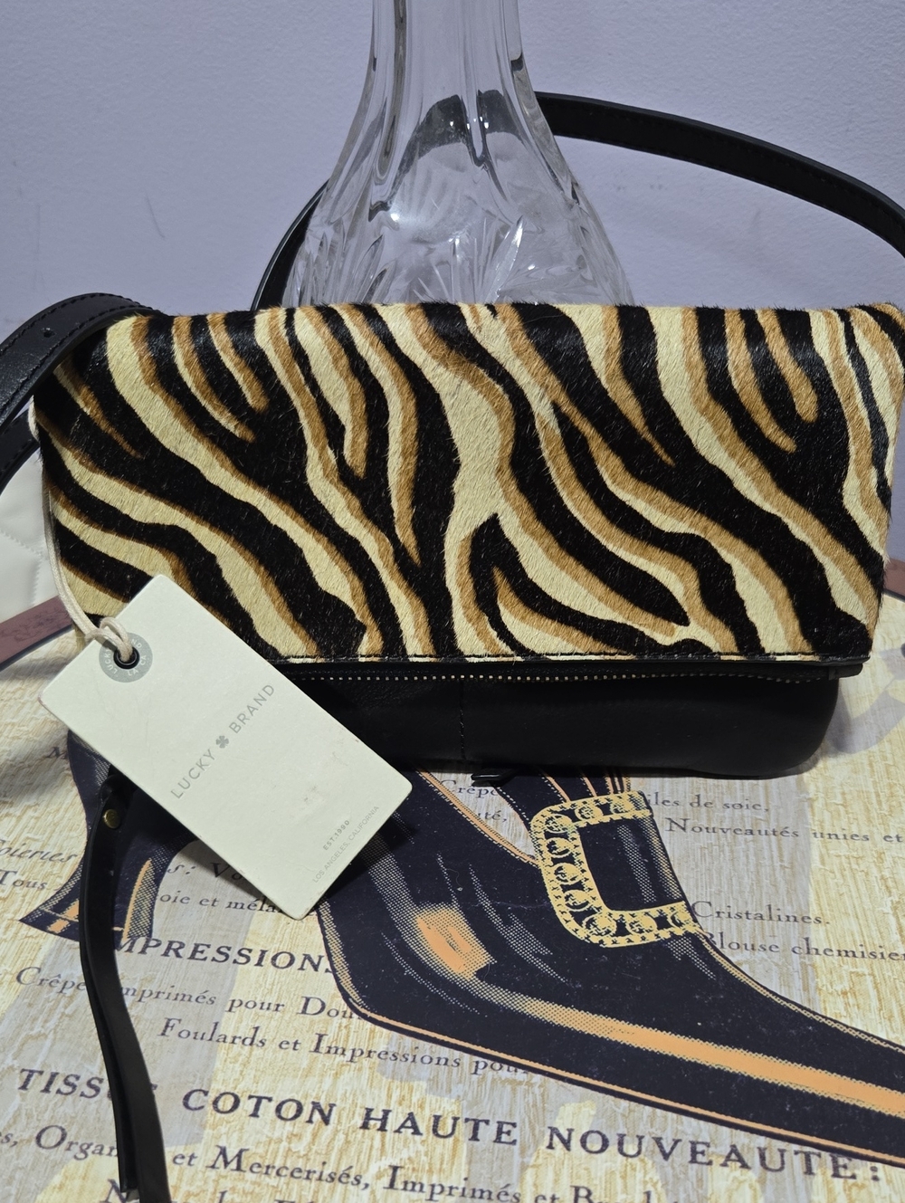 Lucky Brand Zebra-Print Flap Crossbody in Black and Tan